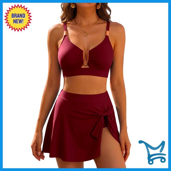Two Piece Swim Skirt Set High Waisted Tummy Control U-Wire Bikini Retro Elegant
